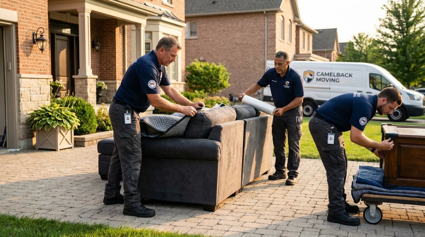 Large estate moving crew wrapping furniture in Warwick, RI
