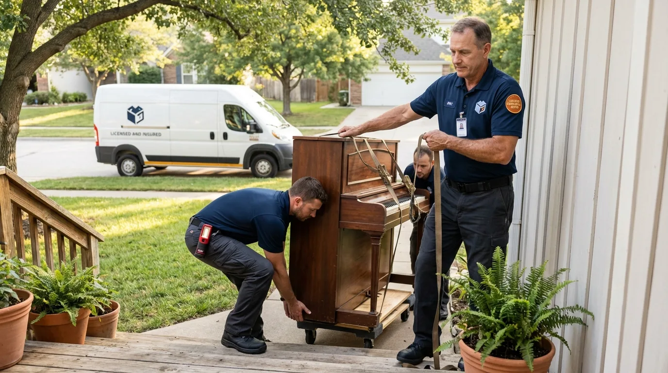 Licensed piano movers securing grand piano in Warwick, RI