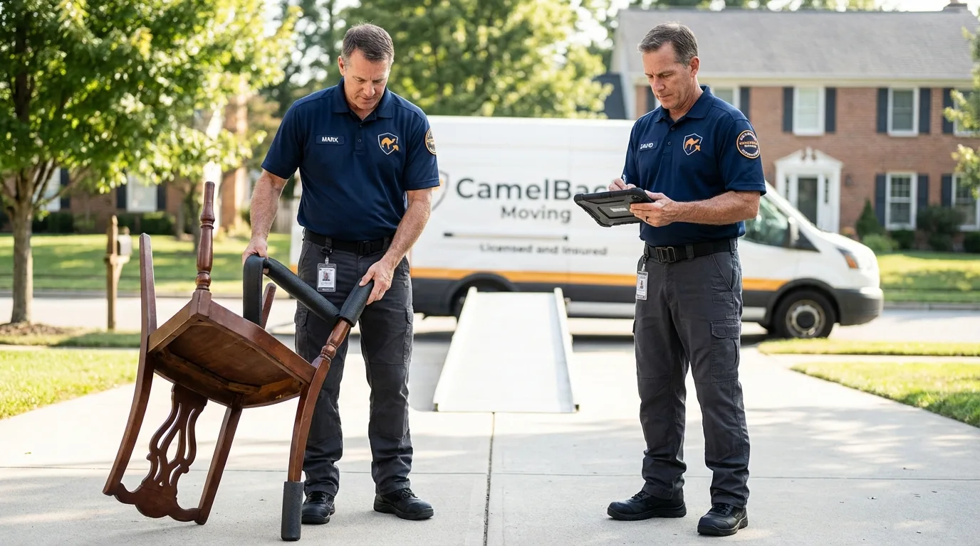 Movers inspecting furniture for damage prevention before loading in Warwick, RI