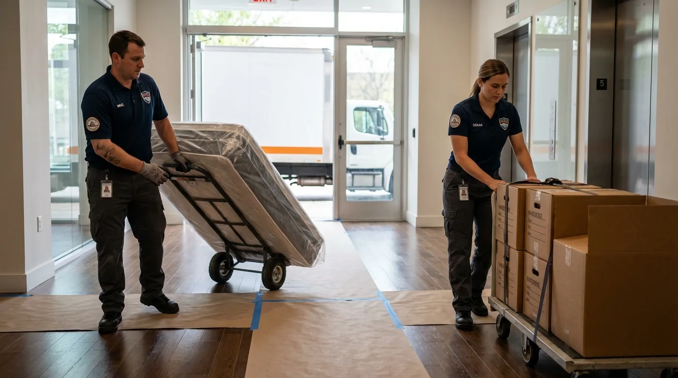 Professional apartment movers loading elevator in Warwick, RI